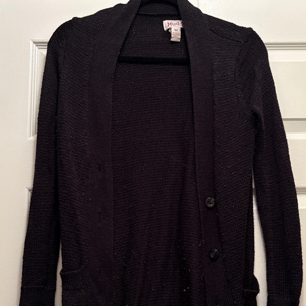 Mudd Women's Black Open-Front Cardigan with Button Detail